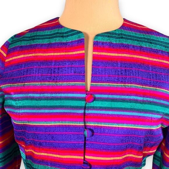 Vintage Adrianna Papell Jacket Collarless Hourglass Blazer Silk Rainbow Stripe - Picture 6 of 11
